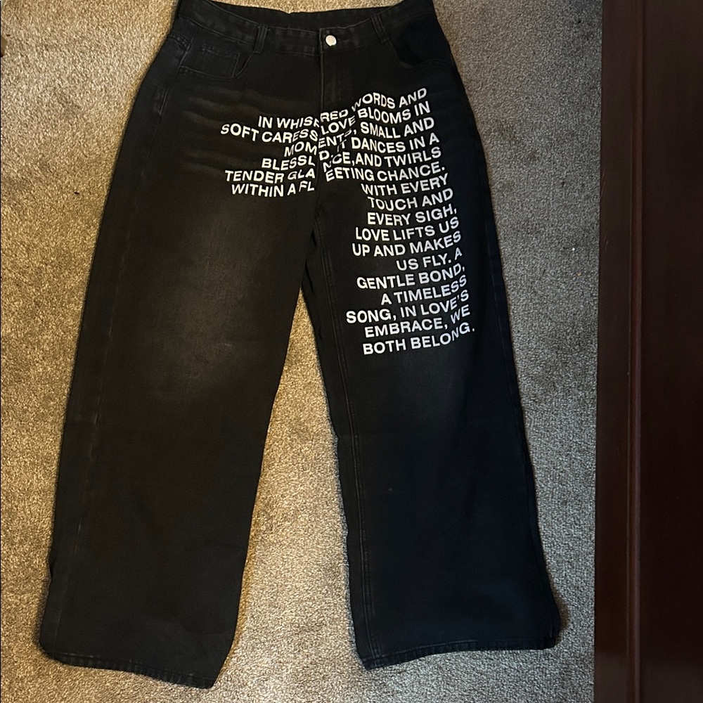 Black Wide-Leg Jeans with White Text
